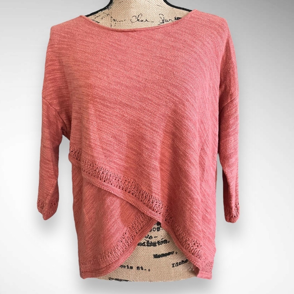 ANTHROPOLOGIE‎ MOTH Heathered Orange Crossed Pointelle 3/4 Sleeve Sweater | EUC